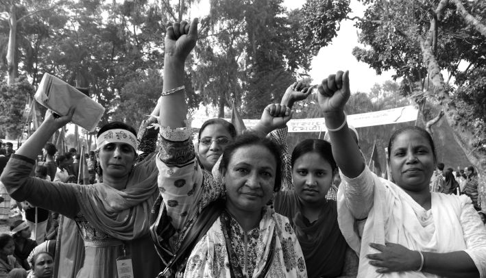 Garment workers who have unionised their factory at a NGWF demonstration