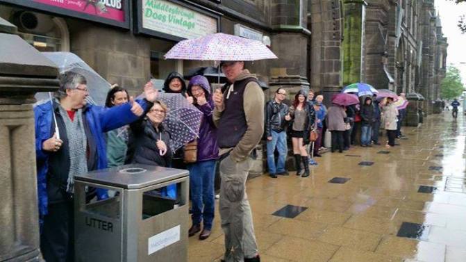 Queuing in the rain outside Middlesbrough Town Hall for Corbyn rally 18 Aug